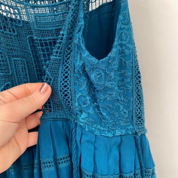 Free People Women's Emily Teal Blue Crochet Pleated Mini Dress Size XS X-Small - Picture 7 of 14